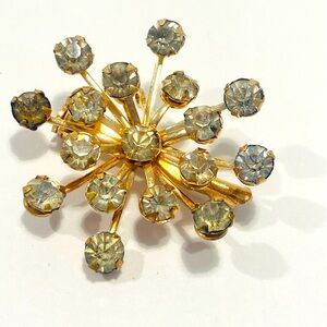 Vintage Gold Tone Metal & Grey Rhinestones 1.5”